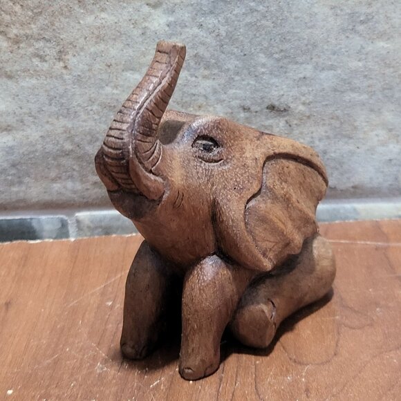Small Wood Carved Elephant Raised Trunk Statue - Picture 8 of 10